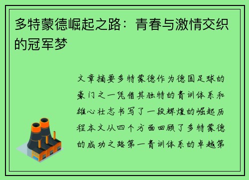 多特蒙德崛起之路：青春与激情交织的冠军梦